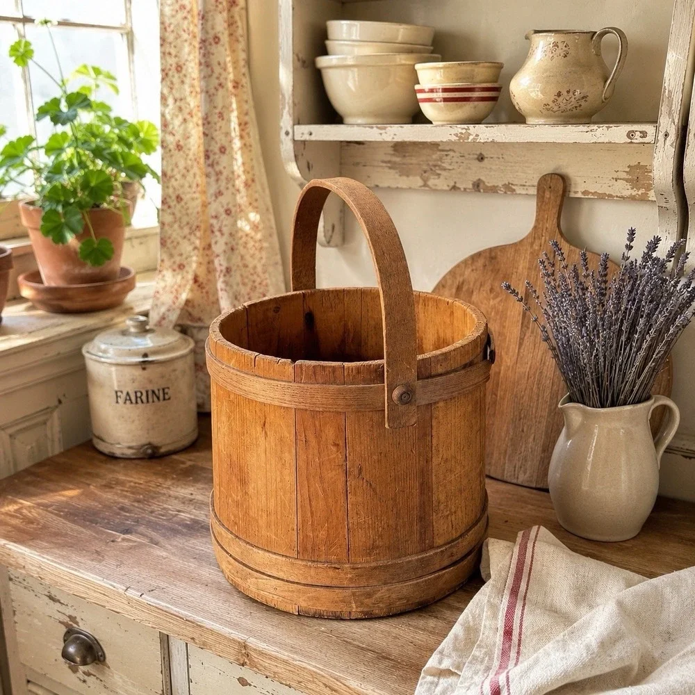 Antique Wooden Firkin Rustic Sugar Bucket Pail with handle  10